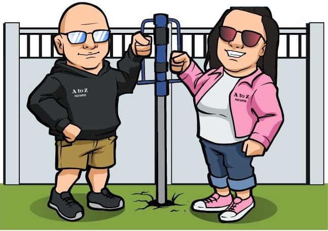 Cartoon graphic of owners Aaron & Renee Smith holding a post driver: How a post driver revolutionized our business!